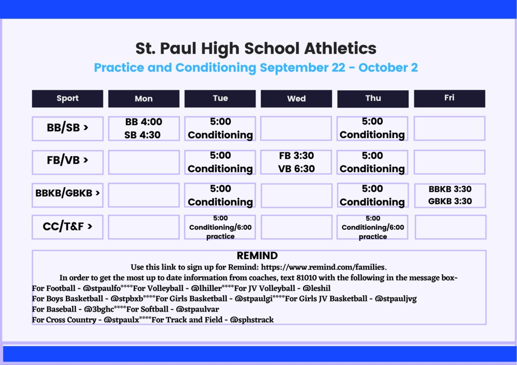 Updated Conditioning and Practice Schedule